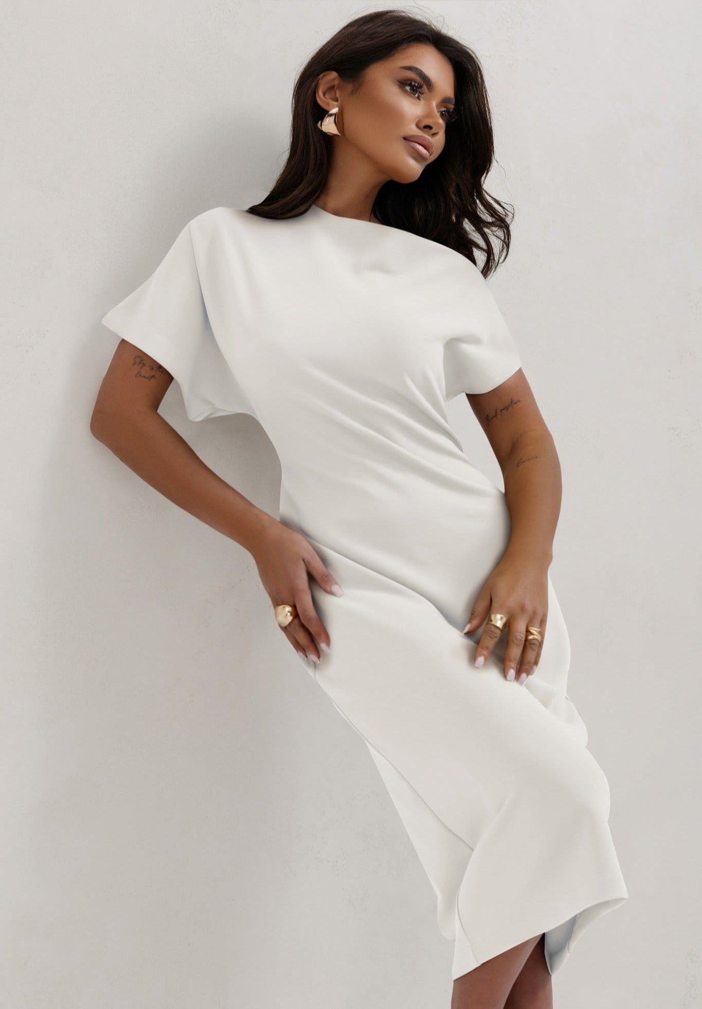 cream asymmetrical dress ASOS DESIGN asymmetric high neck minimal maxi dress in cream