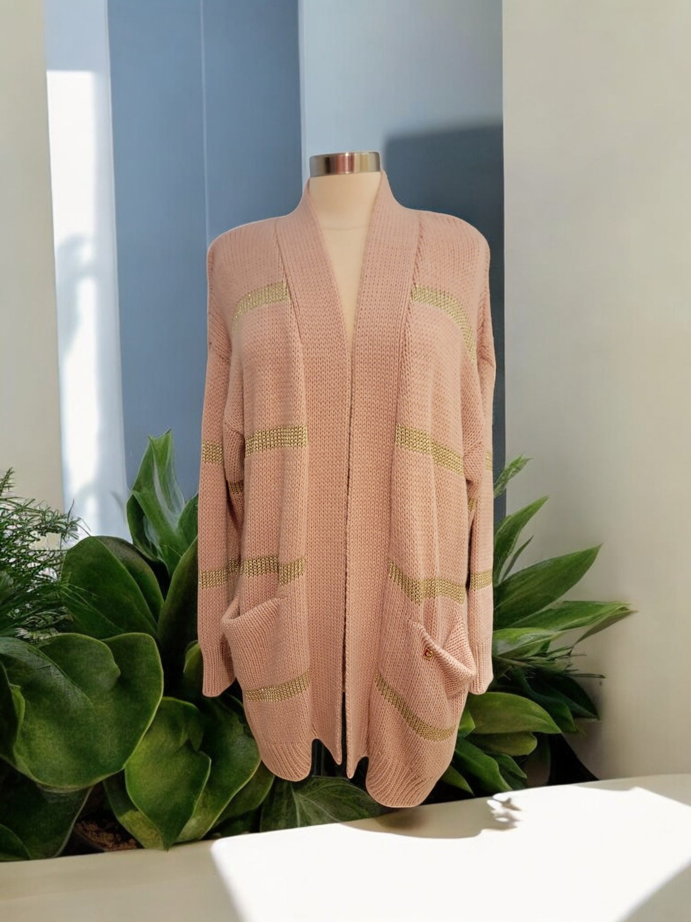 Open Front Cardigan with gold stripes