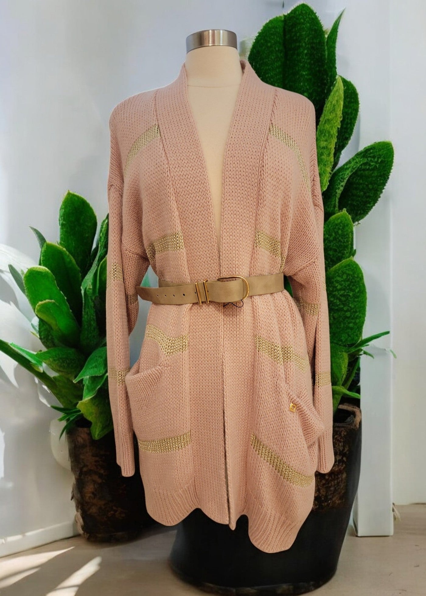 Open Front Cardigan with gold stripes