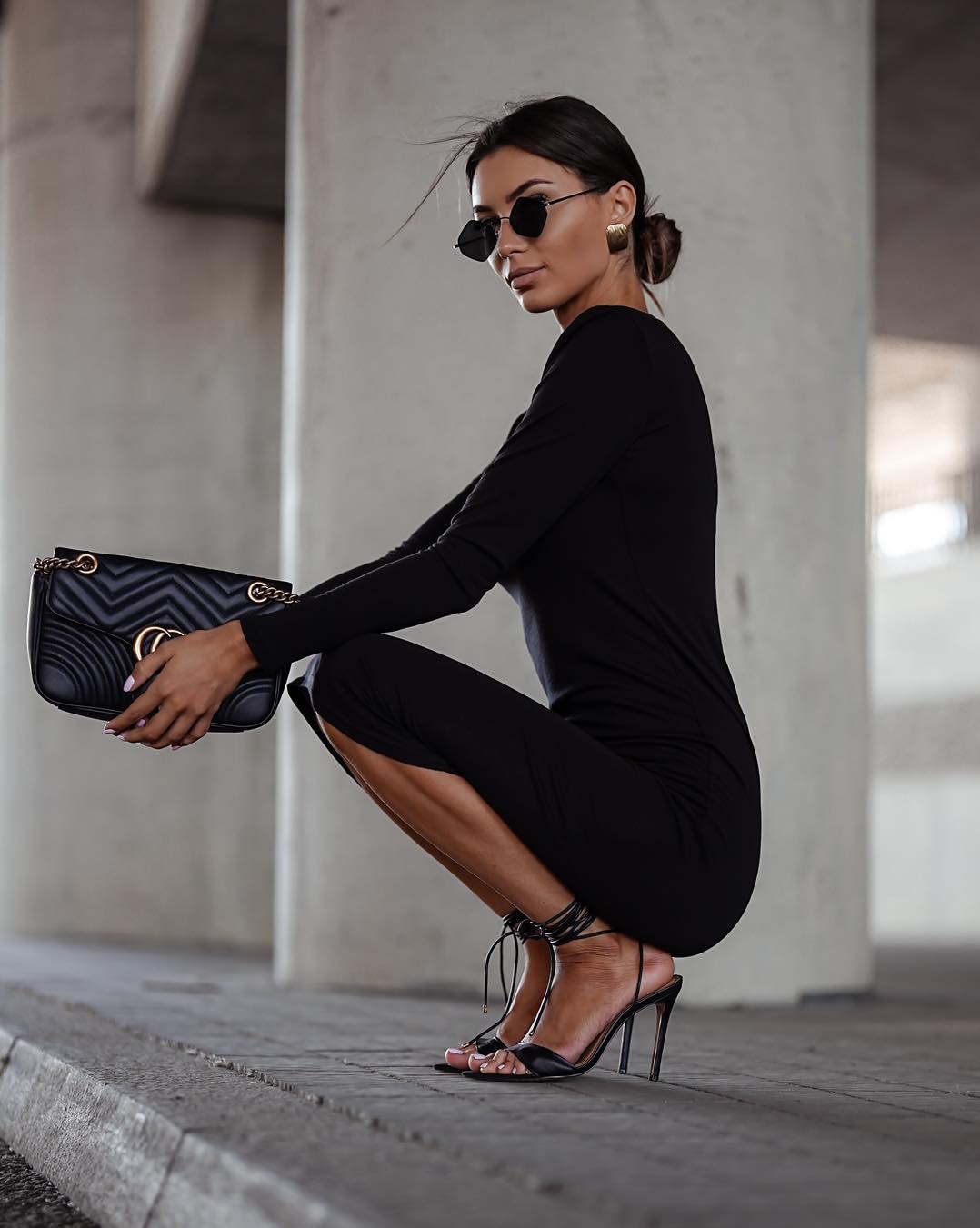 Simple Long Dress with Padded shoulders