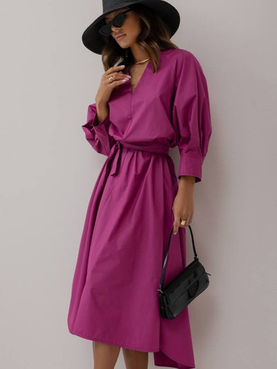 Shirt Style V Neck Dress with Belt