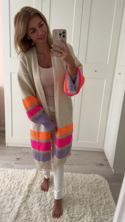 Long open Front Beige cardigan with stripes