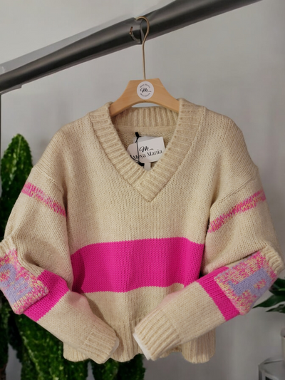 V Neck beige sweater with hot pink stripes