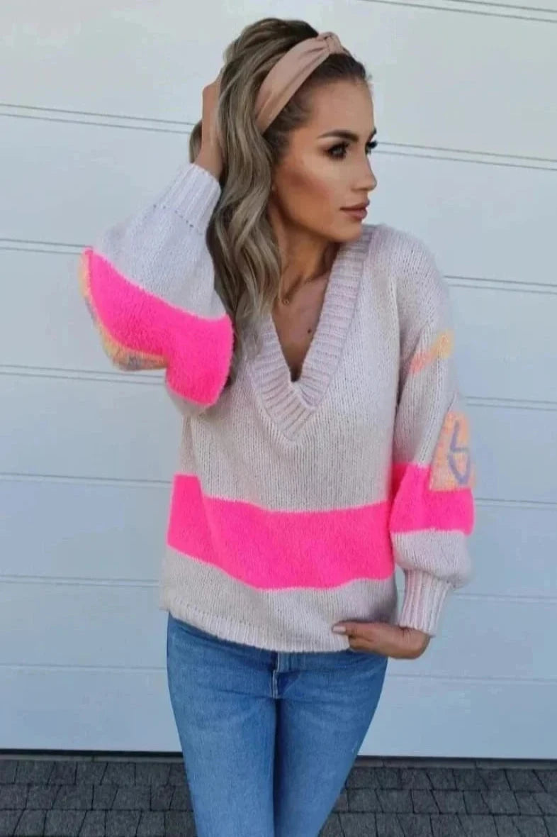 V Neck beige sweater with hot pink stripes