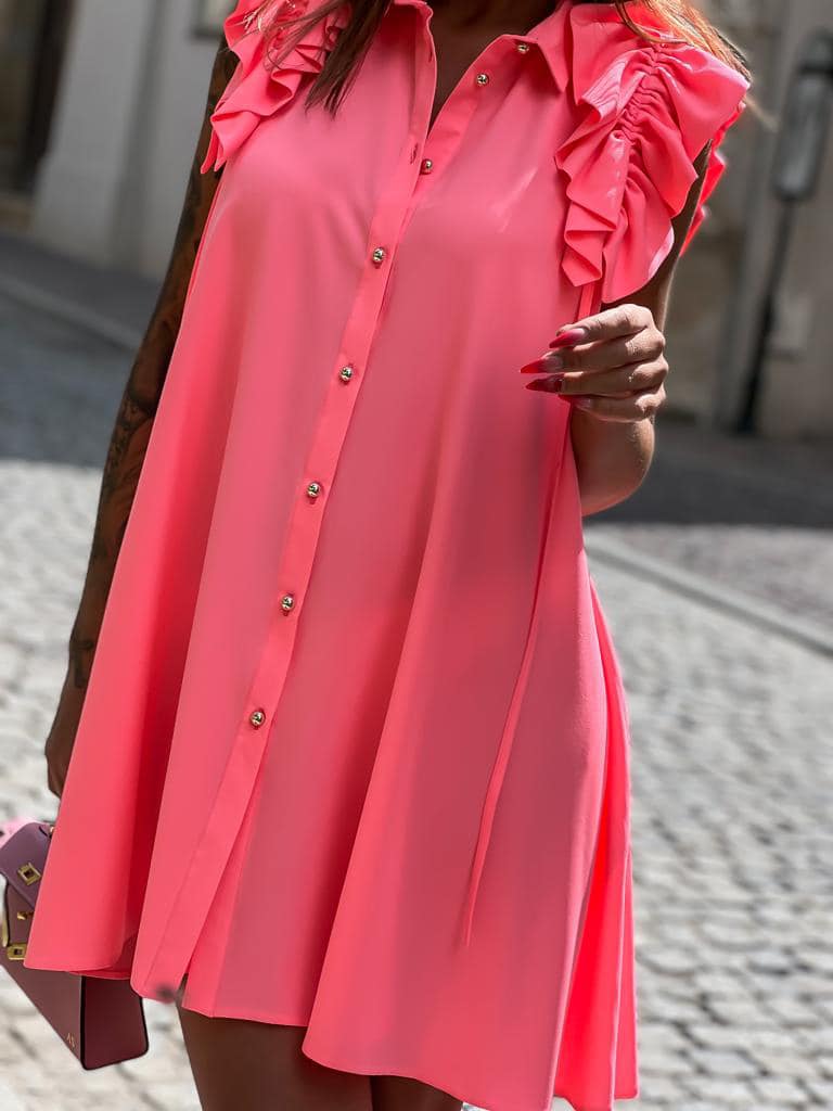 Ruffle Sleeves Dress with Gold Buttons