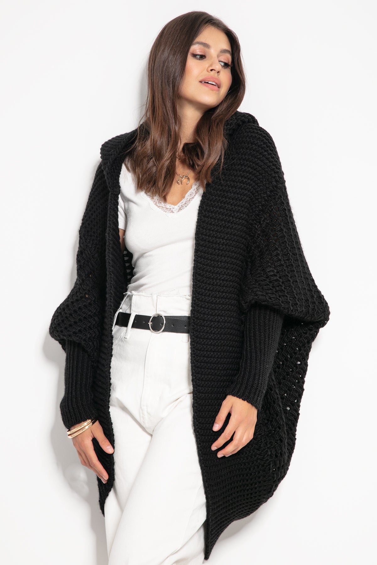 Hooded Openwork Relaxed Fit Cardigan
