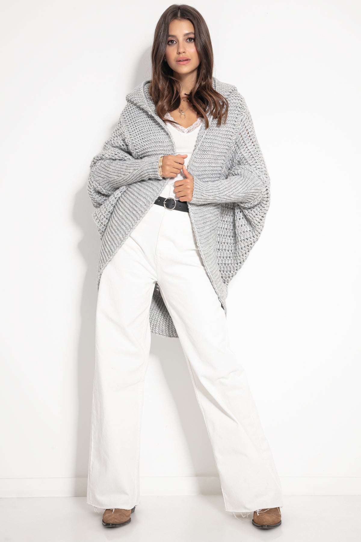 Hooded Openwork Relaxed Fit Cardigan