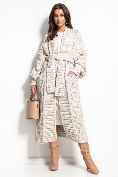 Long belted chunky knit cardigan