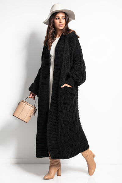 Long belted chunky knit cardigan