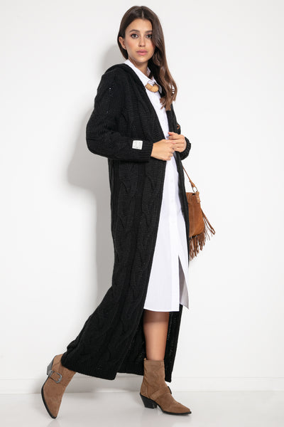 Long Cable Knit Hooded Cardigan