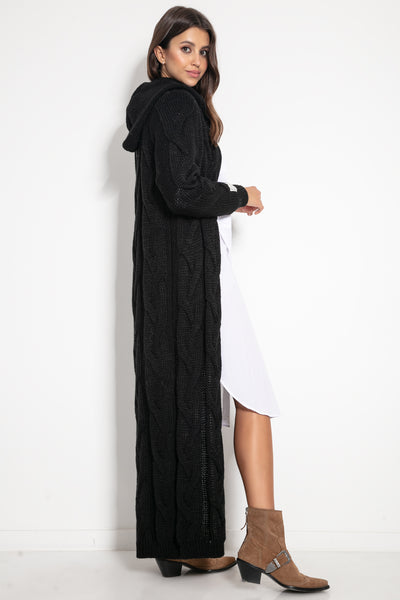 Long Cable Knit Hooded Cardigan