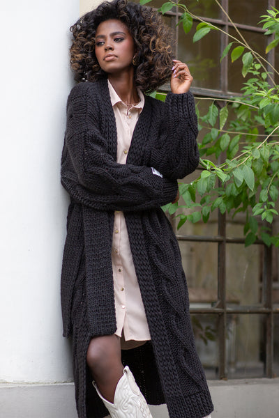 Belted long chunky knit cardigan