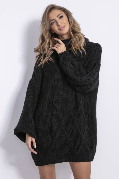 Balloon-Sleeve Cable-Knit Sweater Dress