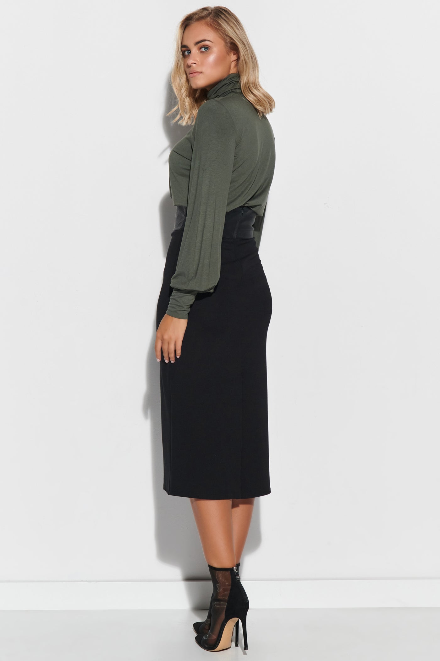Pencil skirt with faux leather waist